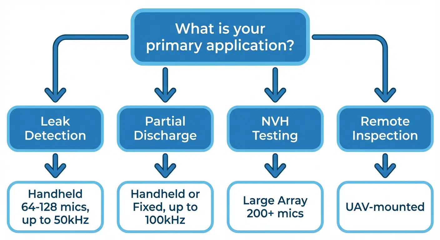 Acoustic camera selection flowchart by application