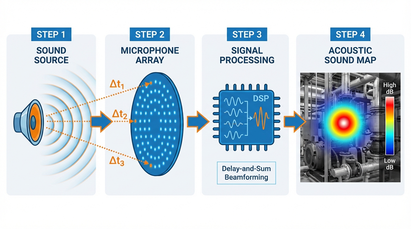 How acoustic camera beamforming works — from microphone array to sound map