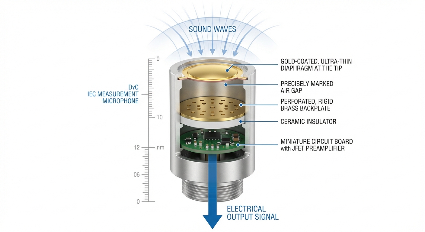 Condenser microphone working principle — diaphragm, backplate, and capacitance change