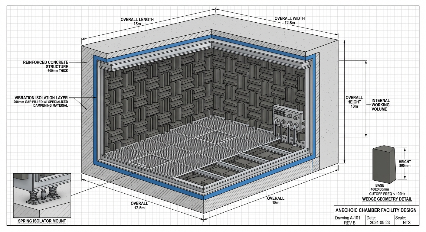 Engineering blueprint showing anechoic chamber construction with isolation layers and wedge geometry details