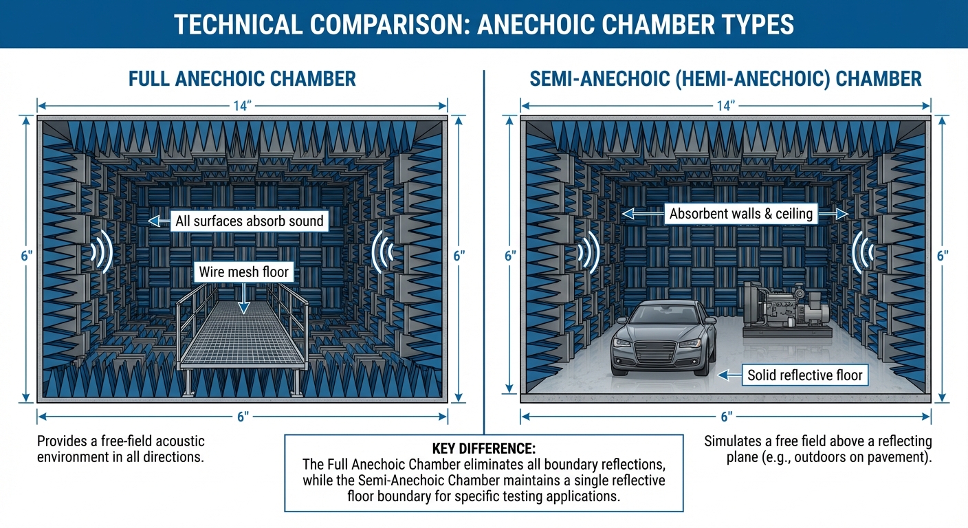Comparison diagram showing full anechoic chamber with all 6 absorbing surfaces versus semi-anechoic chamber with solid reflective floor