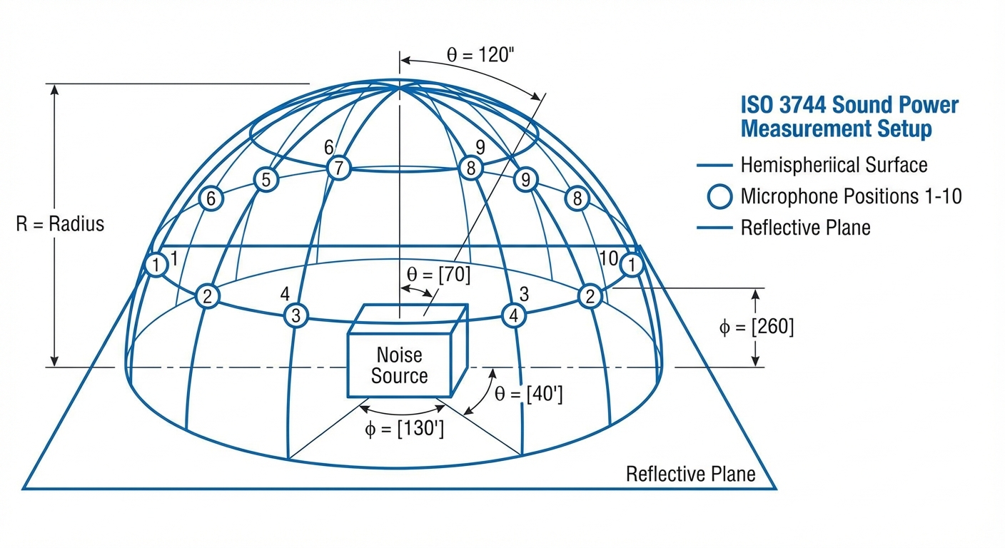 ISO 3744 sound power measurement setup