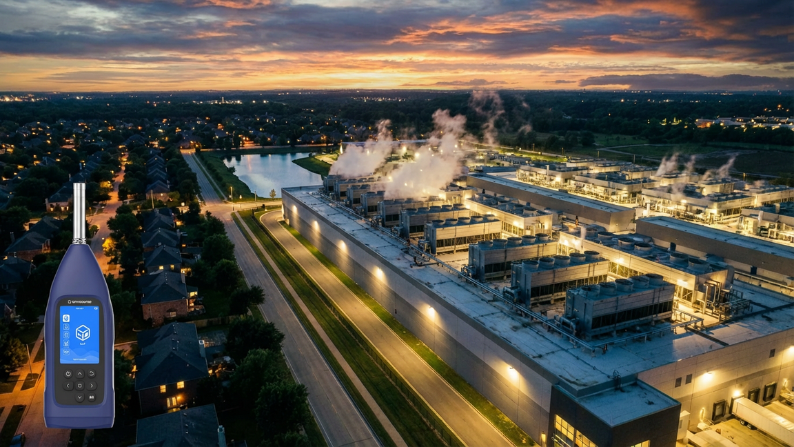 Aerial view of a data center at dusk with nearby homes and a handheld sound level meter for 24/7 noise compliance monitoring