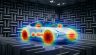 Electric vehicle in anechoic chamber with acoustic beamforming heatmap overlay