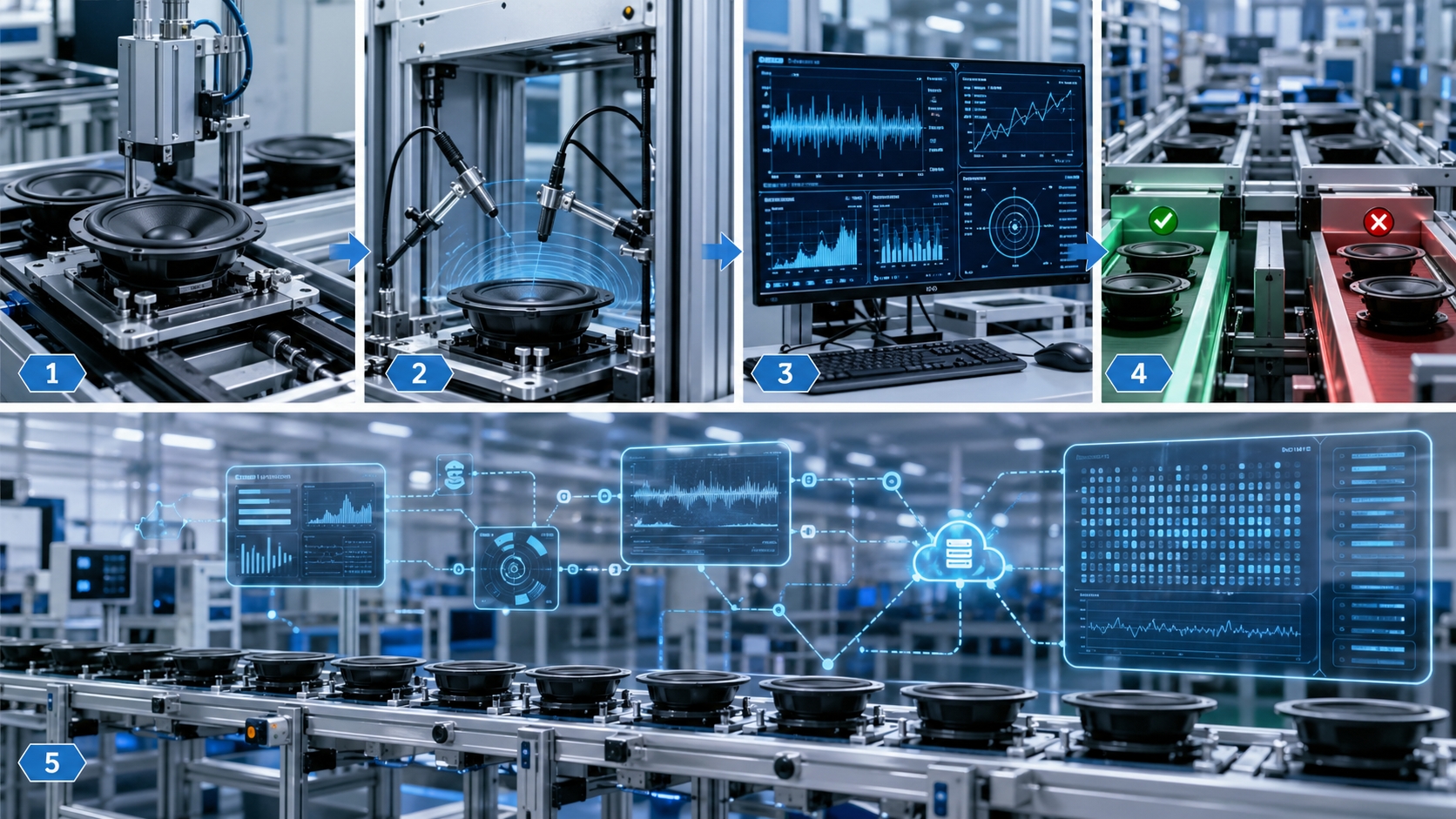 End-of-line speaker testing workflow from fixture positioning and acoustic measurement to data analysis, pass/fail sorting, and production data traceability