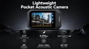 SonoCam Pocket acoustic camera featuring a 4.3-inch touchscreen, 64 MEMS microphones, 120-meter detection range, lightweight design, and wide field of view for industrial inspections.